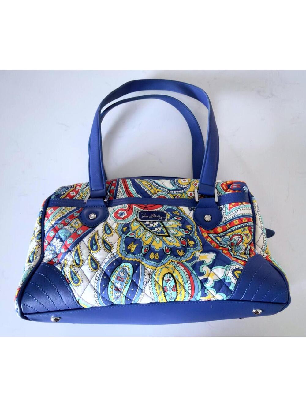 Vera Bradley Royal Blue Faux Leather Trim Paisley Quilted Satchel Vintage